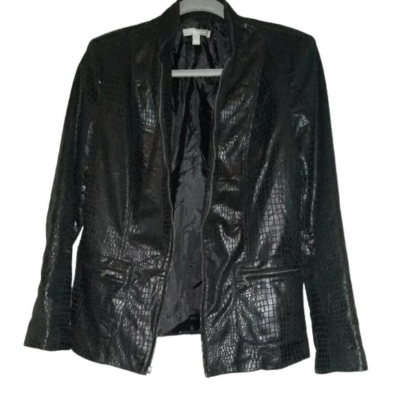 Black Faux Reptile Textured Leather Jacket Zip Zipper Lizard Animal Print Vegan - Picture 1 of 10